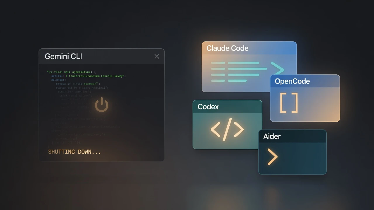 A Gemini CLI terminal window shutting down beside four replacement coding tools: Claude Code, Codex, OpenCode, and Aider