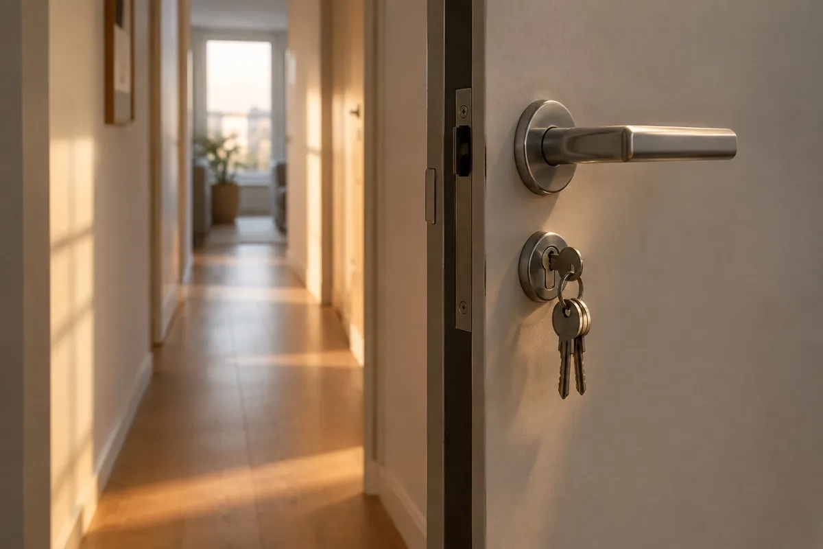 An apartment door left ajar onto a sunlit hallway, with a ring of keys still hanging in the lock on the outside