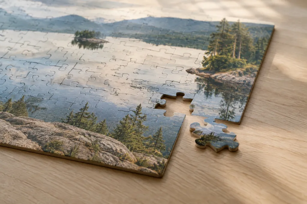 A nearly finished jigsaw puzzle of a mountain lake on a wooden desk, with one loose piece lying beside the last gap and its edges not matching the hole