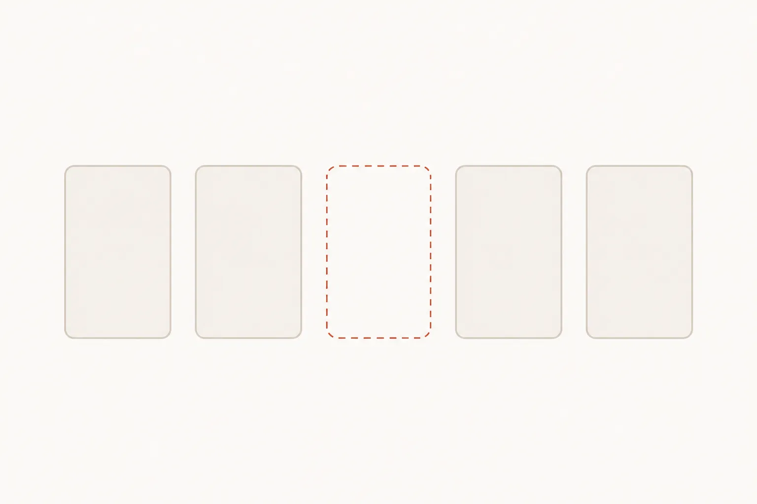 Diagram: a row of five cards, four of them filled and outlined, with the middle one reduced to an empty dashed terracotta outline where a card used to be