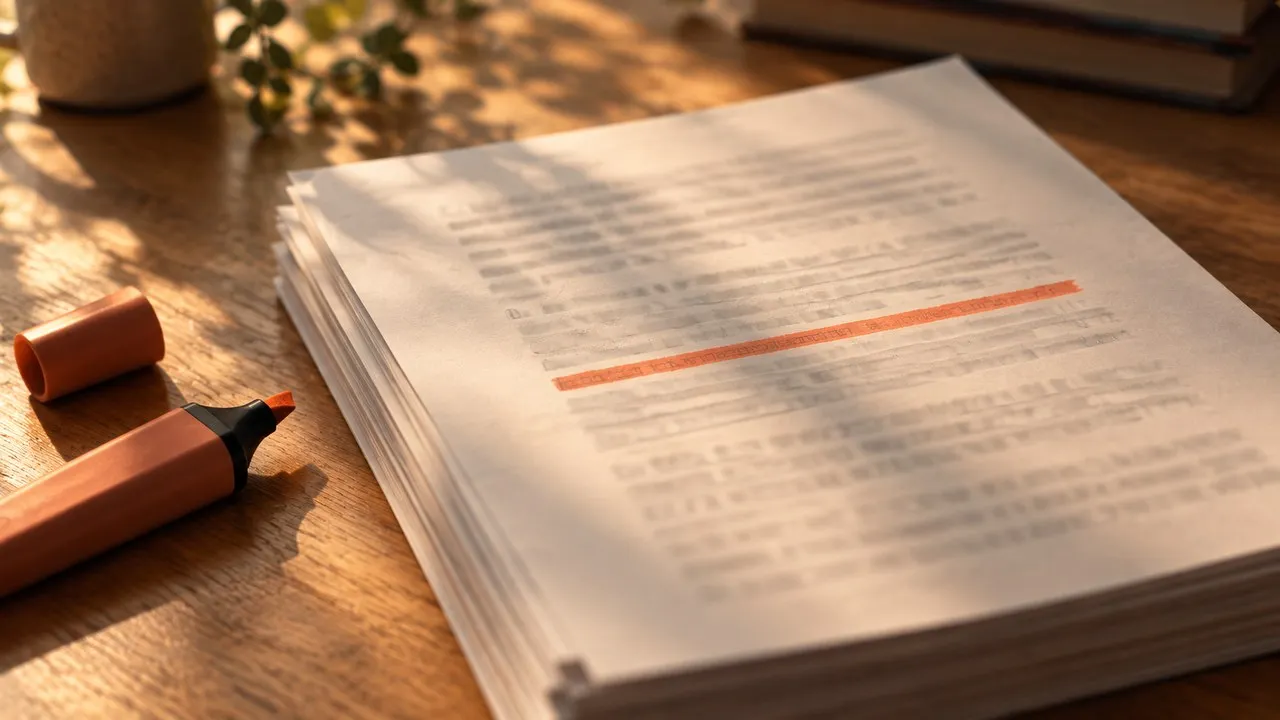 A thick stack of printed pages on a wooden desk with one line marked by a terracotta highlighter stripe, an uncapped highlighter lying beside it, and every other line blurred out of focus