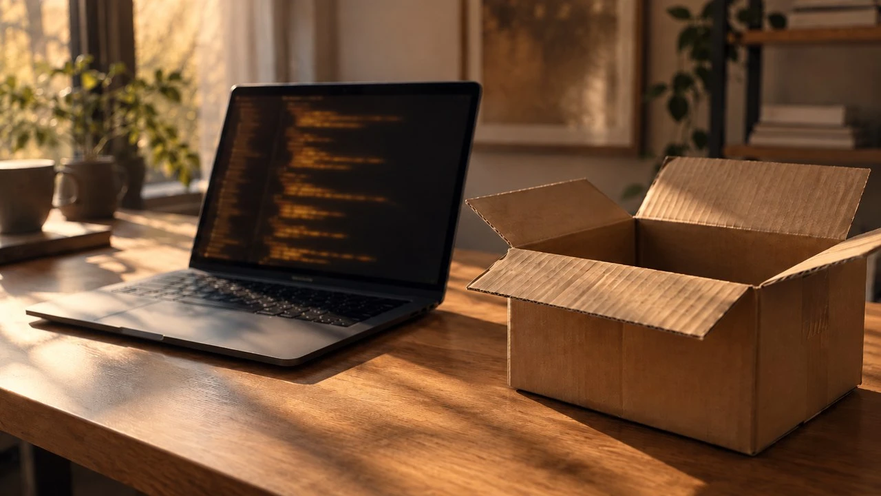An open laptop on a warm wooden desk showing an out-of-focus wall of amber code, next to an empty cardboard box cut open with its flaps folded back, with a mug and a potted plant by a sunlit window.