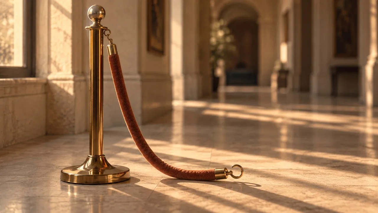 A brass stanchion post in an empty corridor with its rope unclipped at one end and hanging slack down to the stone floor