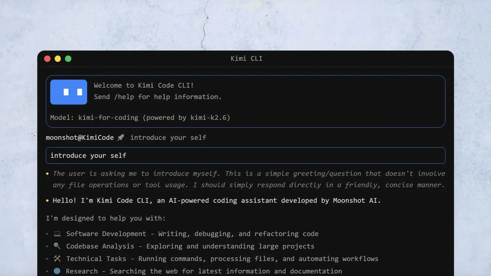 Kimi Code CLI welcome screen in a dark terminal, introducing itself as Moonshot AI's coding assistant — shown here running the earlier kimi-k2.6 backend that Kimi K3 replaces