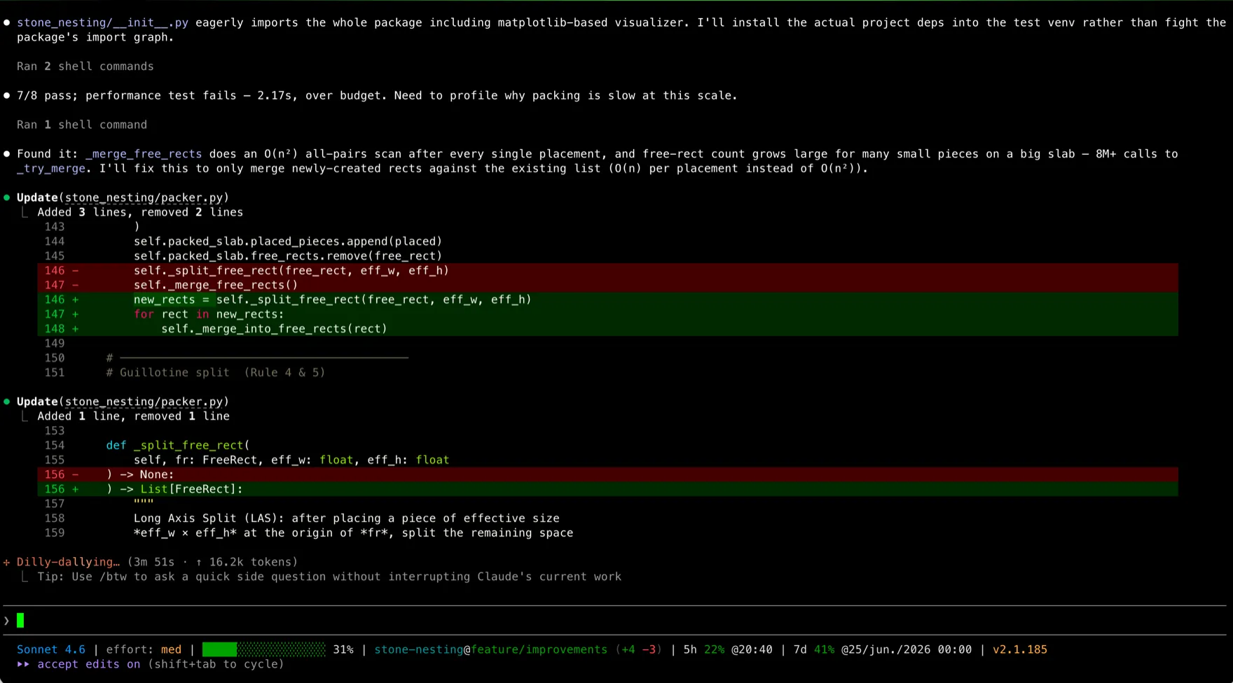Claude Code's diff in stone_nesting/packer.py replacing the quadratic all-pairs _merge_free_rects with a localized _merge_into_free_rects, alongside its note that the O(n²) all-pairs scan after every placement was the bottleneck