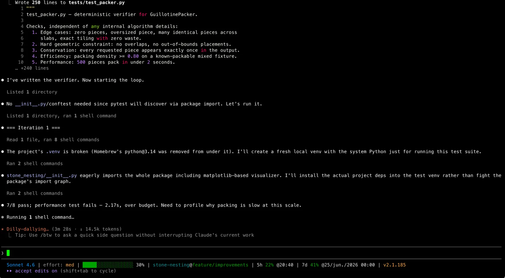 Claude Code in the stone-nesting project: it has written tests/test_packer.py as the verifier and reports the first loop result — 7 of 8 checks pass, with the performance test failing at 2.17s over a 2-second budget