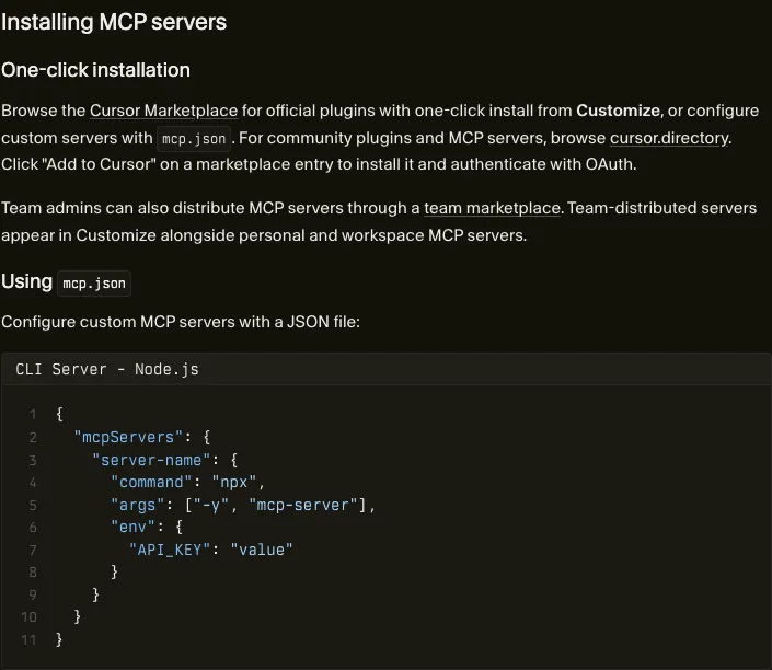 Cursor's MCP documentation showing the two install routes — one-click installation from the Cursor Marketplace or cursor.directory, and a mcp.json example configuring a stdio server with command, args and env