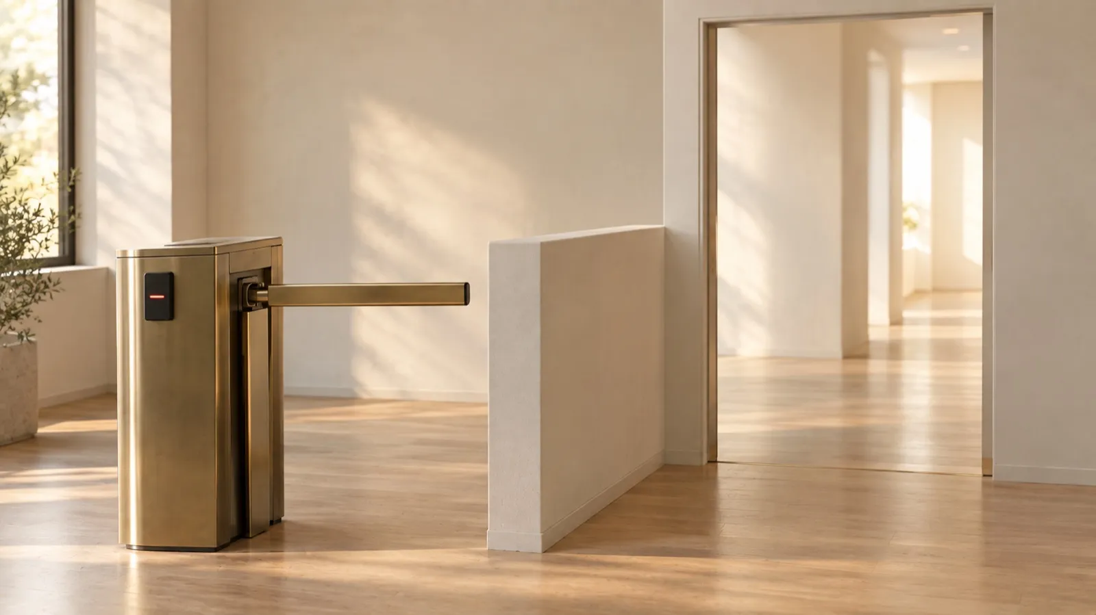 A closed brass turnstile with a card reader on the left of a sunlit lobby, and an open doorway with no barrier just beyond it on the right
