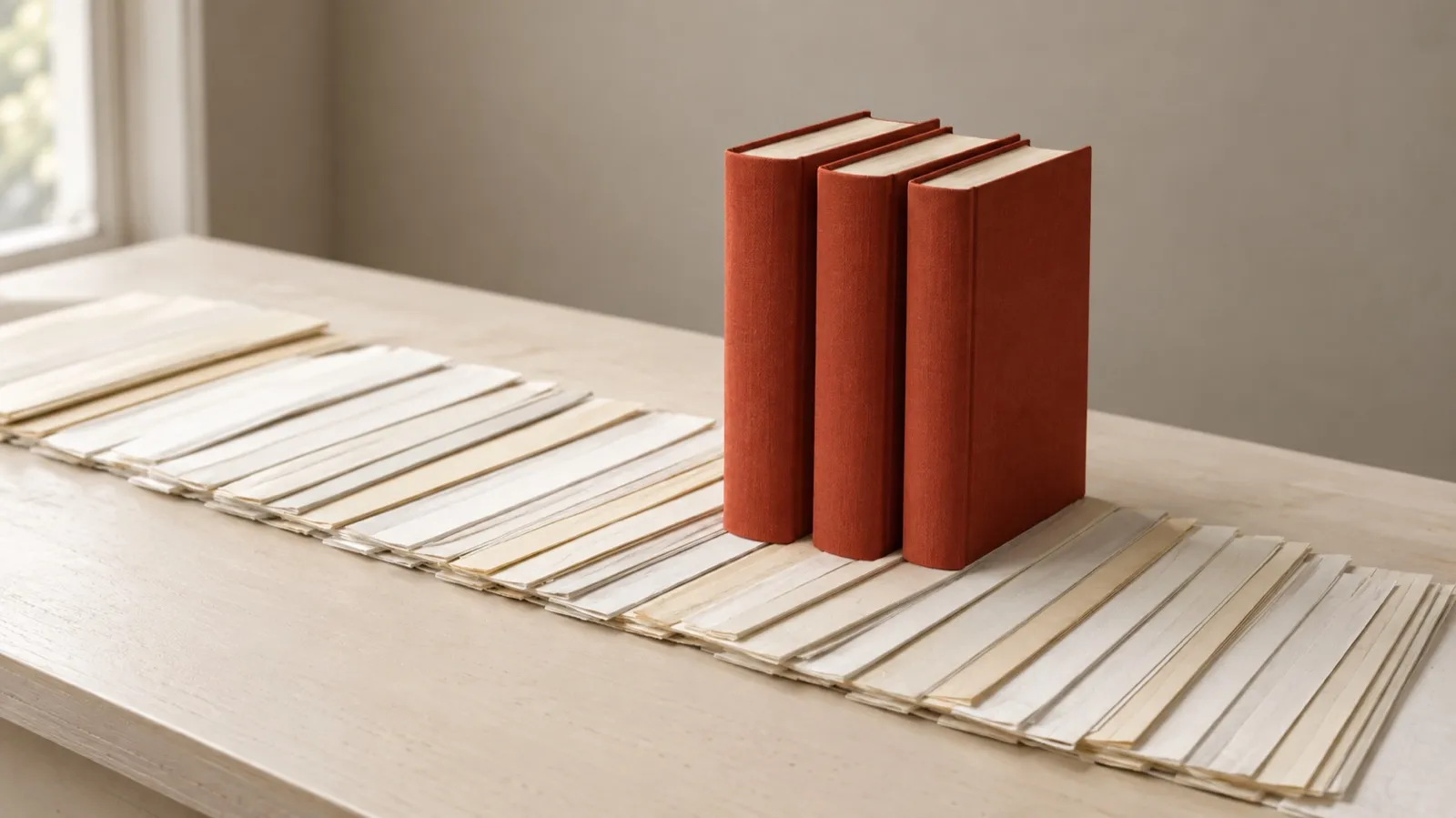 A long row of thin paper documents laid flat across a pale wooden desk, with only three thick terracotta-bound volumes standing tall among them