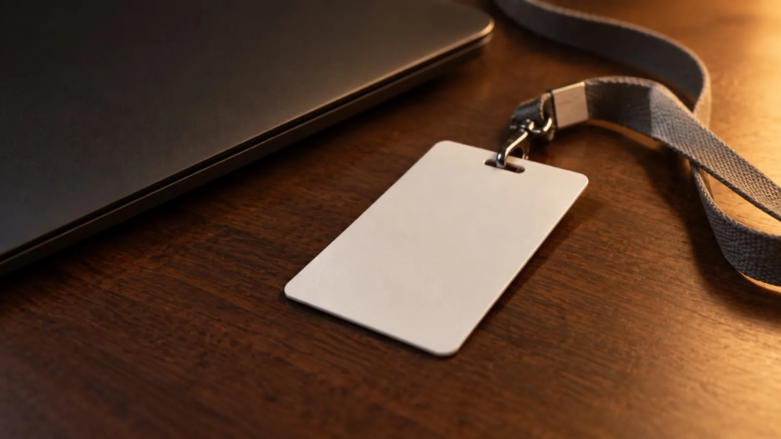 A blank unbranded access badge on a lanyard resting beside a closed laptop, illustrating a request that carries someone else's client credentials