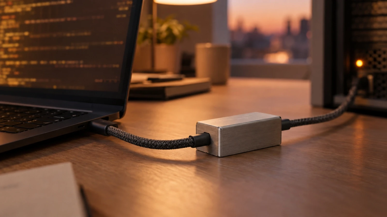 A braided cable running from a laptop into a small unbranded aluminium pass-through box on a desk, with a second cable leaving the far side.