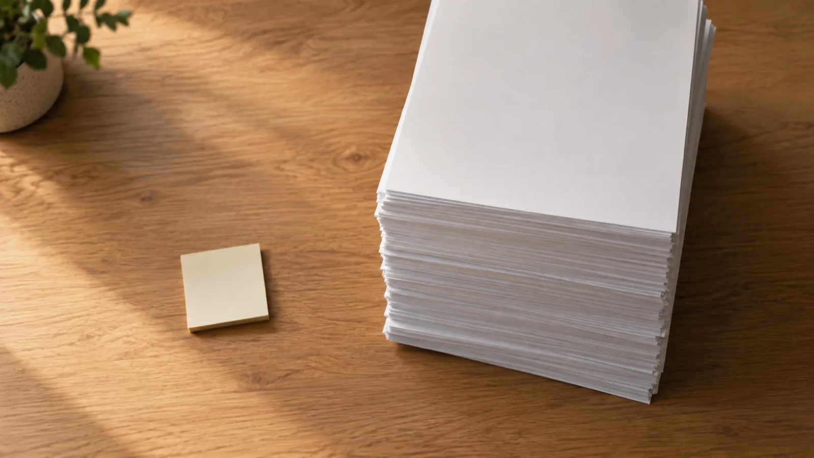 A small blank sticky note lying beside a tall stack of paper on a desk, illustrating the size gap between a short prompt and the request it travels in