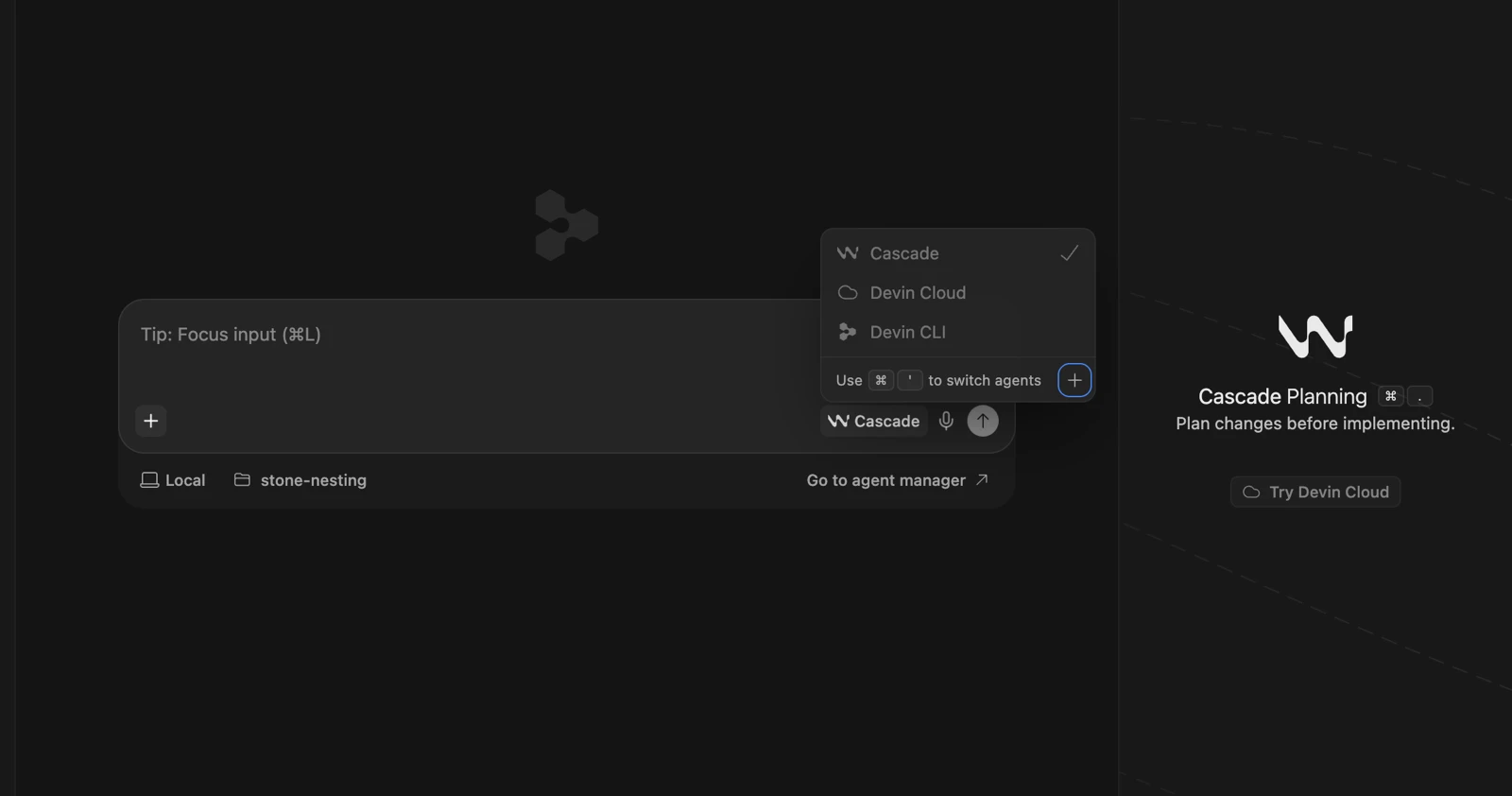Devin Desktop's agent picker on a fresh August 2026 install, showing Cascade selected with a checkmark above greyed-out Devin Cloud and Devin CLI entries, with the Cascade-branded sidebar and Windsurf wave logo on the right